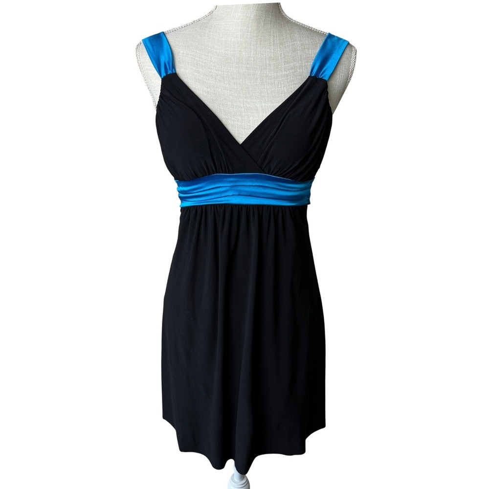 Vtg‎ Y2K Taboo Mini Dress Womens XS Black Cobalt Blue Satin Bow Empire Waist USA
